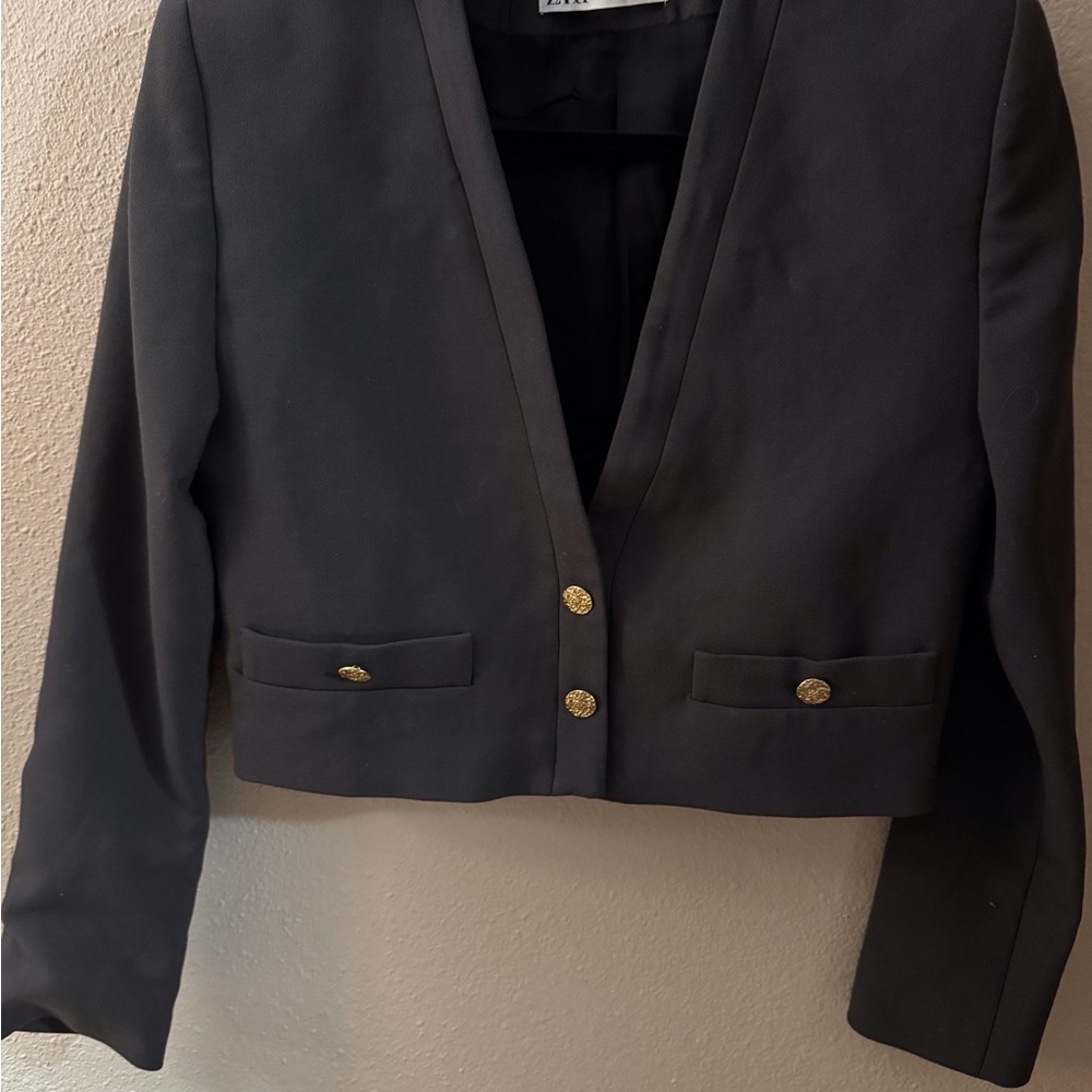 Zara Charcoal Blazer with Gold Accents